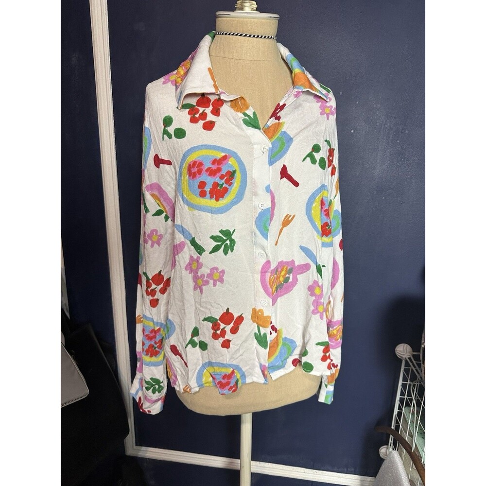 Princess Polly Bright Floral White Blouse Button Down Retro size 2